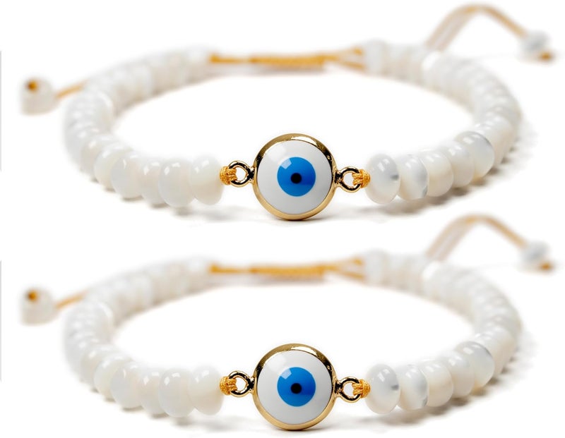 Mana Gallery Handmade Evil Eye Bracelet – White Mother of Pearl Beads with Gold-Plated Blue Eye Charm – Adjustable Macramé Cord – Protective Jewelry Gift for Women - Image 1